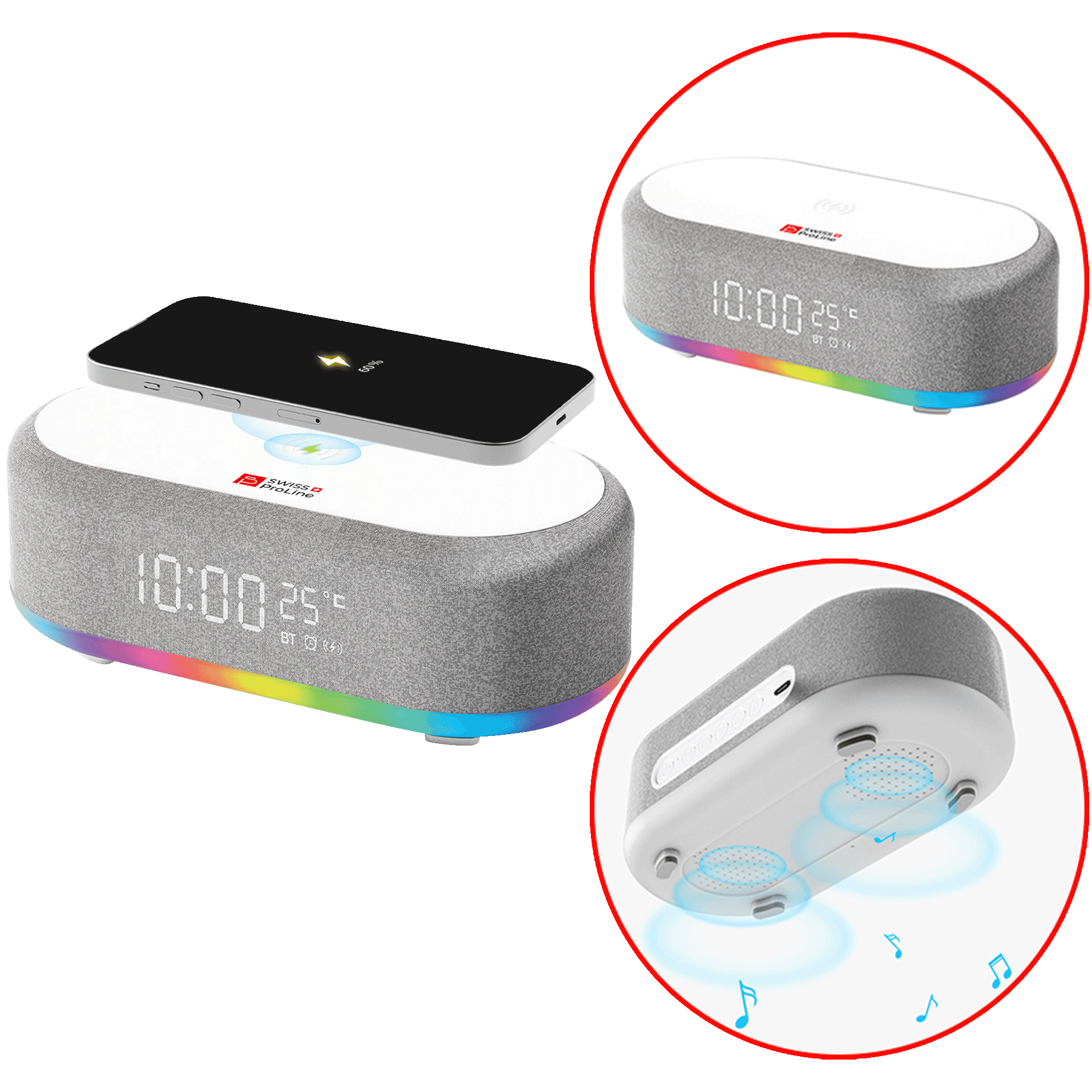 Réveil 6en1 (horloge, réveil, chargeur, LED, enceinte, thermomètre)