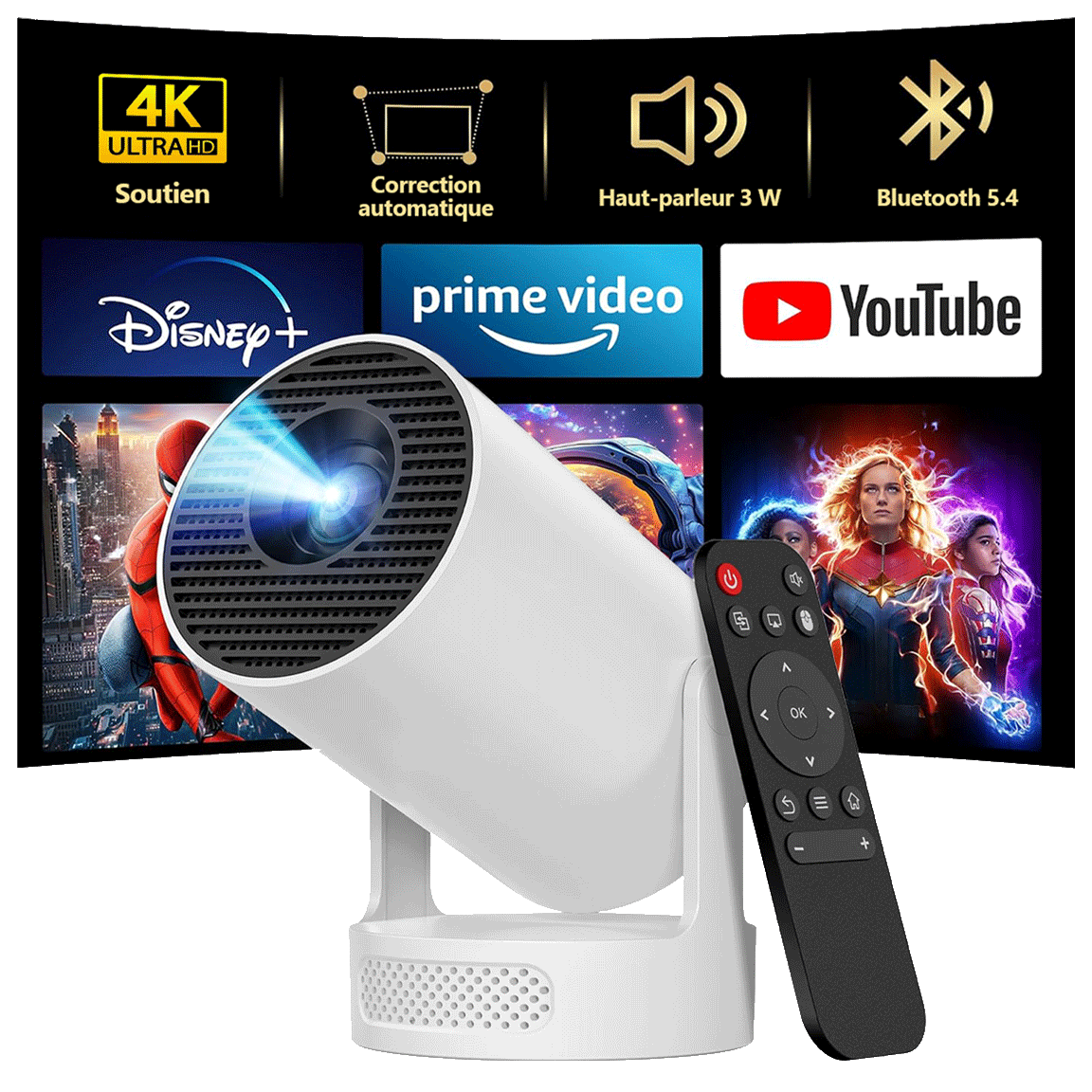 Projecteur connecté haute définition 4K avec haut-parleur intégré (Application Netflix, Youtube, Amazon)
