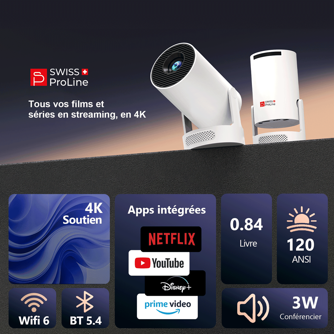 Projecteur connecté haute définition 4K avec haut-parleur intégré (Application Netflix, Youtube, Amazon) – Image 2