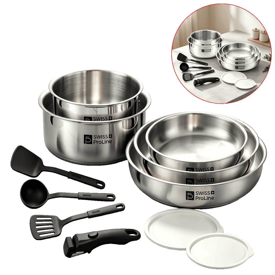 Batterie de cuisine 11 pièces avec poignée amovible (3 poêles et 2 casseroles)