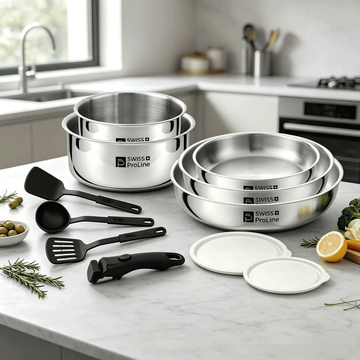 Batterie de cuisine 11 pièces avec poignée amovible (3 poêles et 2 casseroles) – Image 2